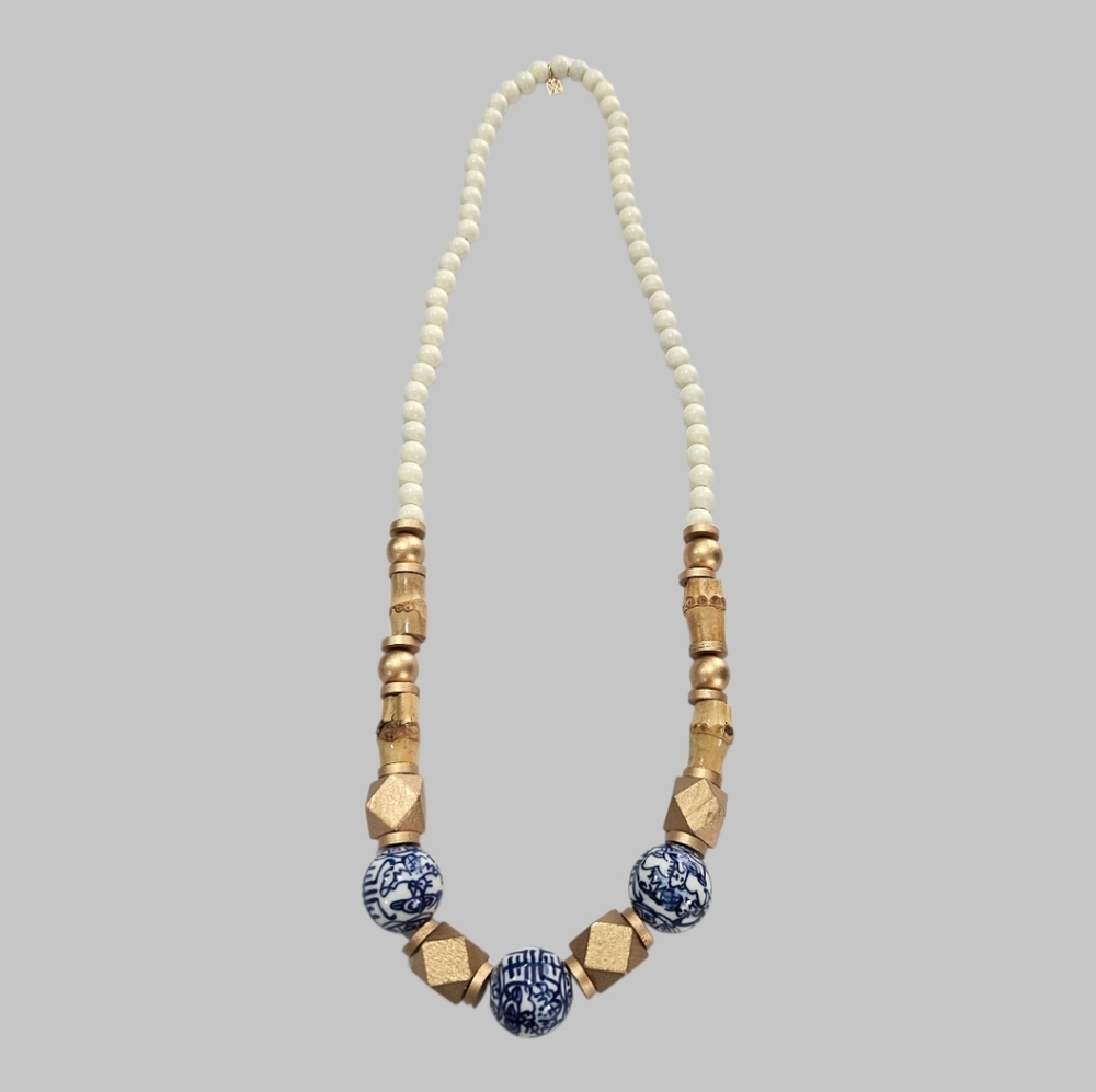 Blue & White Chinoiserie Bead Necklace Gold Wood Statement Chunky Boho Coastal